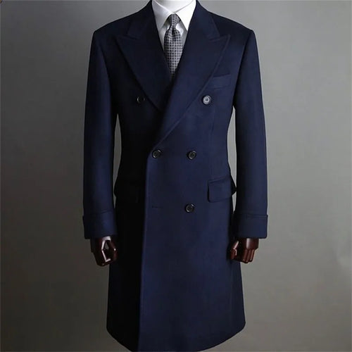 Formal Navy Men Suits Thick Wool Long Coat Men Jacket Double Breasted