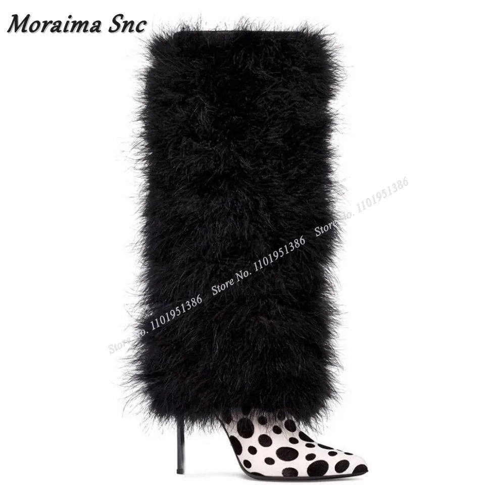 Moraima Snc Black and White Fur Decor Boots Punctiform High Heel Boots