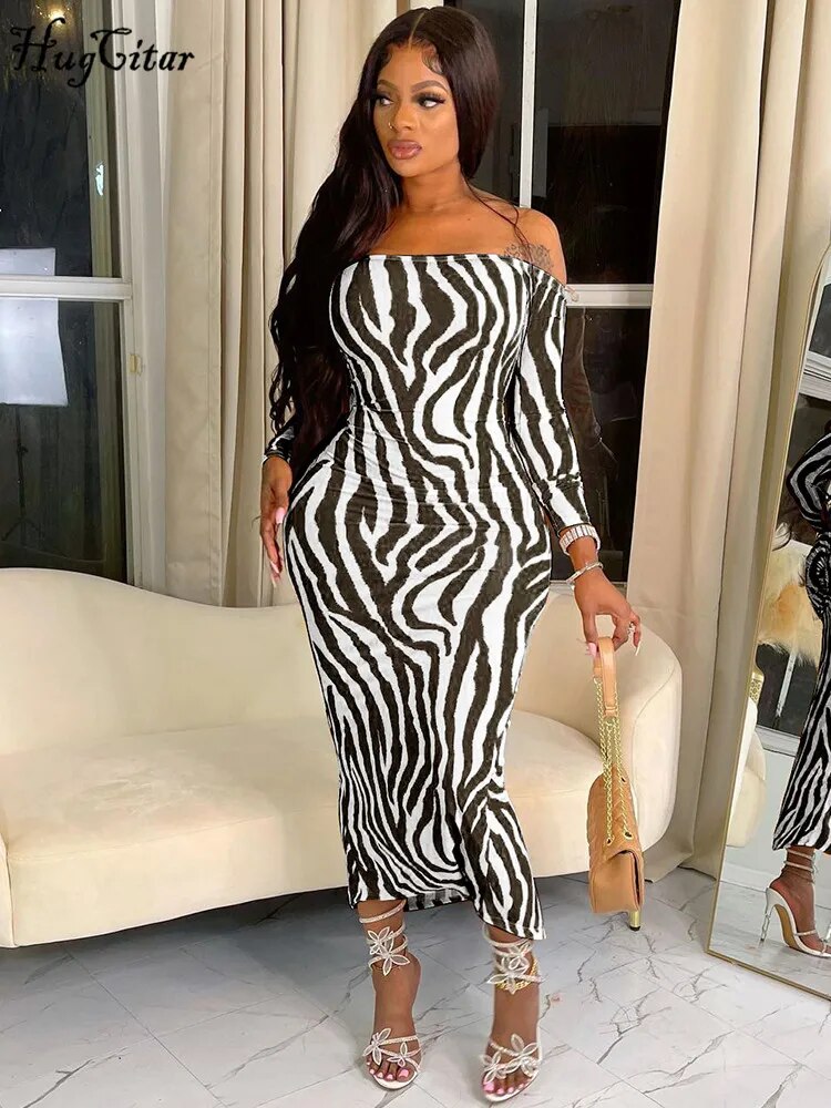 Hugcitar Striped Print Slash Neck Long Sleeve Backless Ruched Sexy