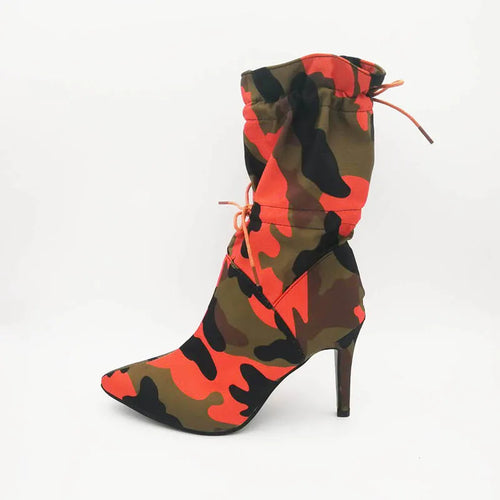 Fashion Pointed Toe Mid Calf Boots for Women Camouflage Print Stiletto