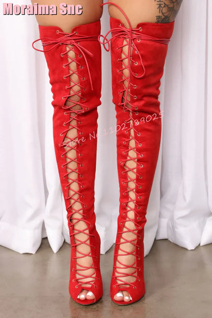 Fashion Peep Toe Lace Up Hollow Thigh High Boots Stiletto High Heel