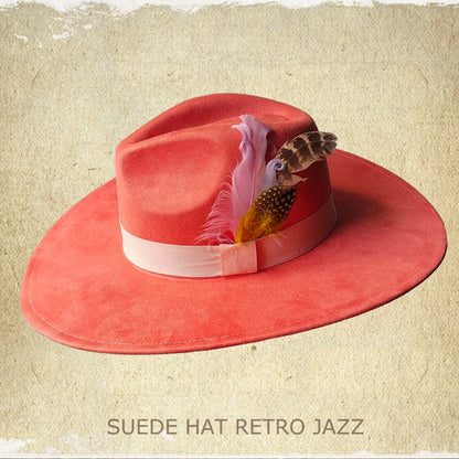 Retro Suede Fedora Hat with Feather Accessories
