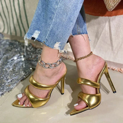 Sexy Pointed Toe One Strap Gold Plated Heeled Slippers Women