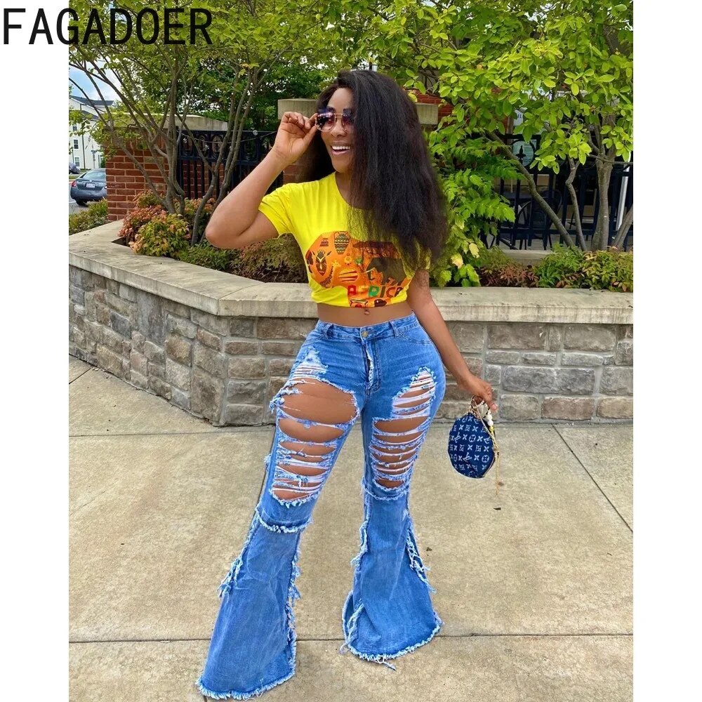 FAGADOER Blue Fashion Hole Denim Flared Pants Women High Waisted