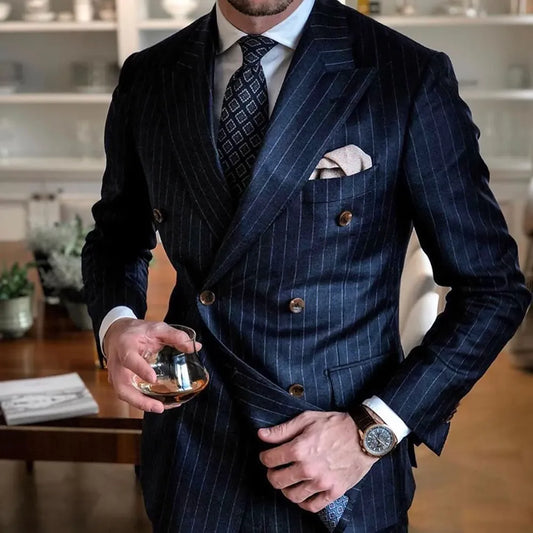 Navy Blue Striped Men Suits Fashion Peak Lapel Double Breasted Male