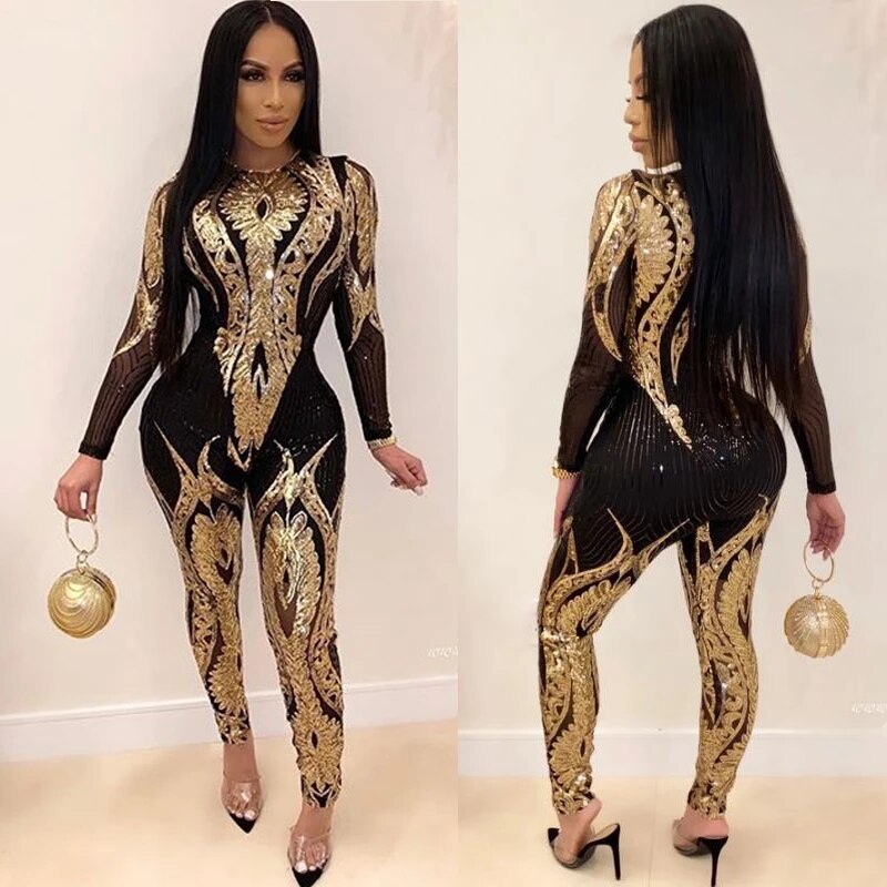 Sexy Gold Sequin Jumpsuit Women Bodycon Overalls Glitter Bandage