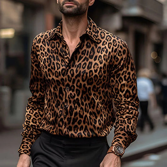 Casual Shirts Men Leopard Print Vintage Button-up Lapel Shirt