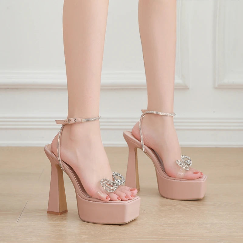 Sexy chunky sandals super high "T" heels pink platform