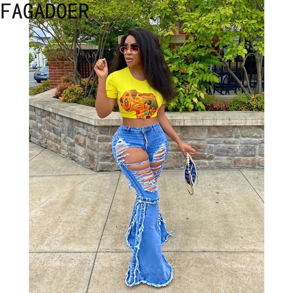 FAGADOER Blue Fashion Hole Denim Flared Pants Women High Waisted