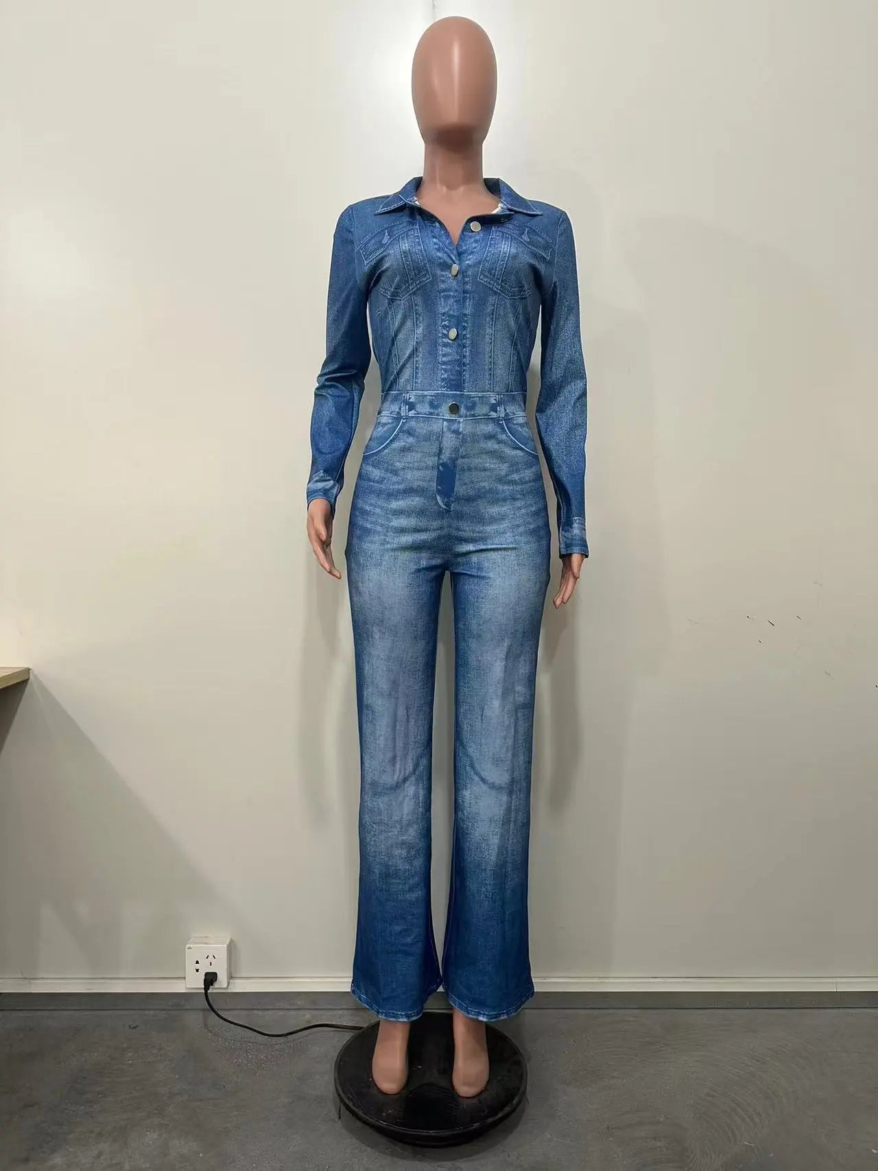 Echoine New Fashion Denim Print Long Sleeve Turn Down Button Jumpsuit