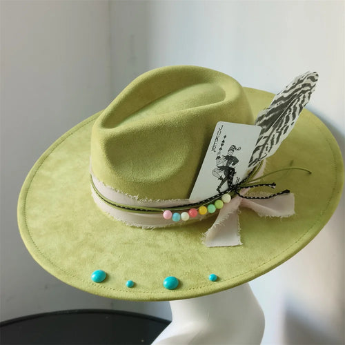 Retro Suede Fedora Hat with Feather Accessories