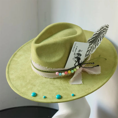 Retro Suede Fedora Hat with Feather Accessories
