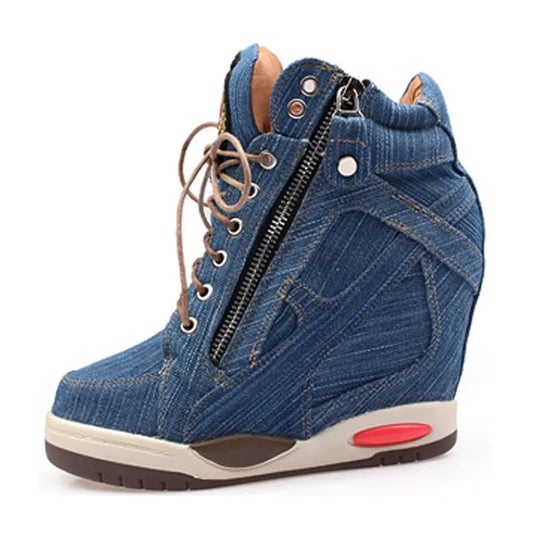 Comemore Women's Denim Wedges high top sneakers Platform Casual