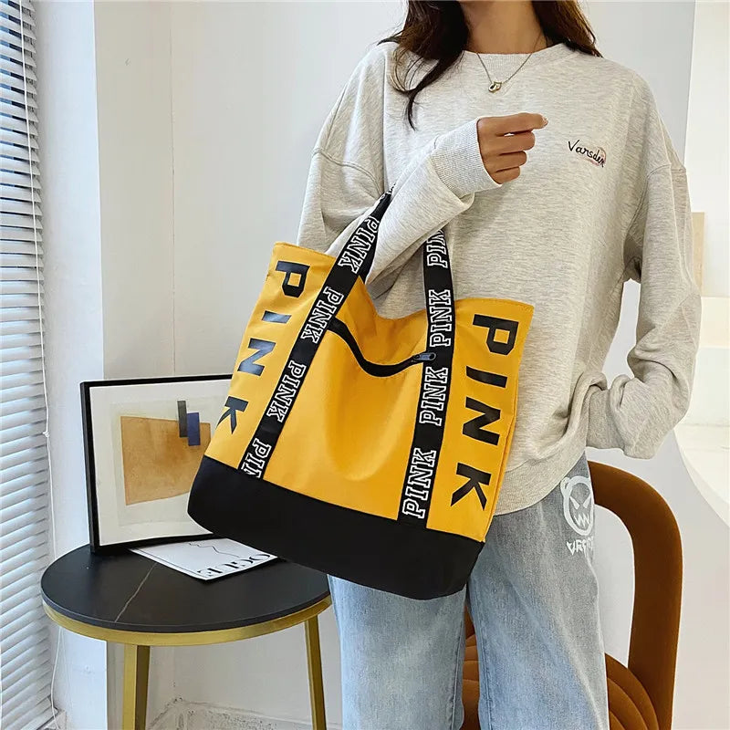 Colorblock Pink Letter Graphic Tote Handbags Woman Shoulder Bags