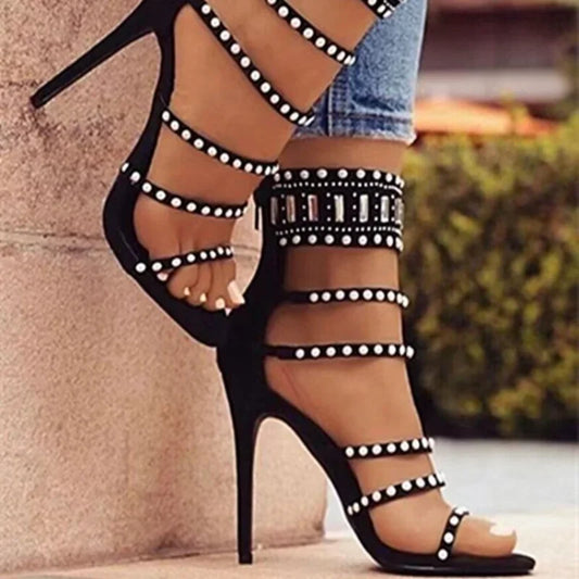 New Women Gladiator Sandals Sexy Open Toe Hot Diamond Pearl Ankle Band