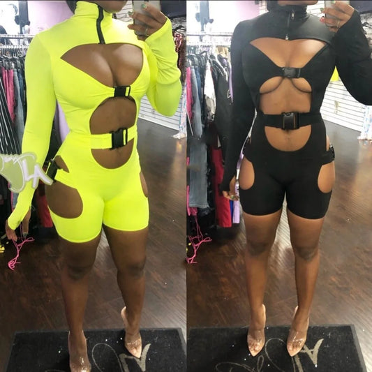 Sexy Women Hollow Out Bodycon Jumpsuit Buckle Cut Out Rompers Short