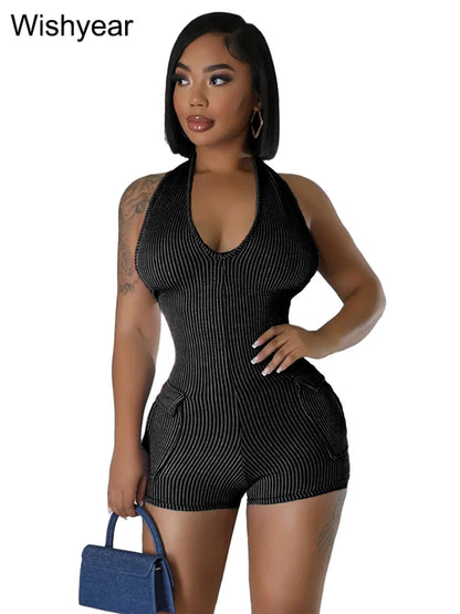 Sexy Night Club Women Knitted Ribbed Bodycon Playsuit Halter Backless