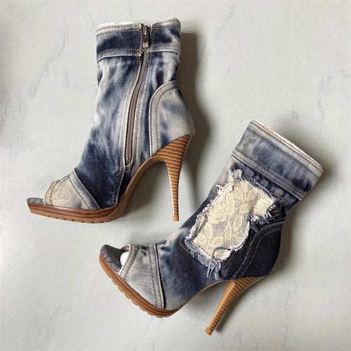 Women Platform Peep Toe Ankle Boots Light Blue Denim Autumn Short