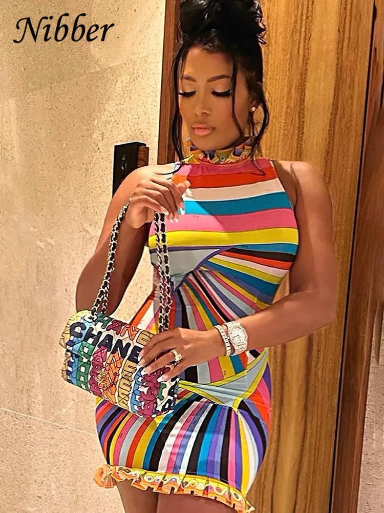 Nibber Unique Ruched Neckline Colorful Striped Mini Dress Women Sexy