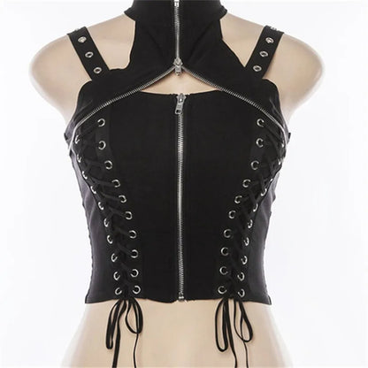 Black Punk Sleeveless Zipper Choker Halter Gothic Tank Bandage Crop