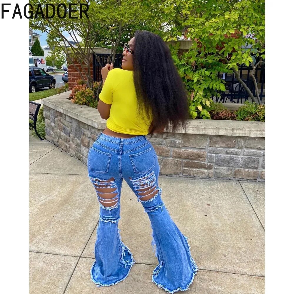 FAGADOER Blue Fashion Hole Denim Flared Pants Women High Waisted