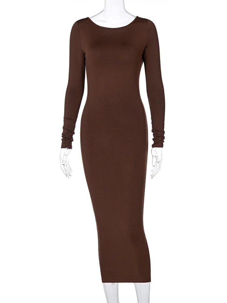 Dulzura Long Sleeve Backless Brown Maxi Dress For Women Bodycon Skinny