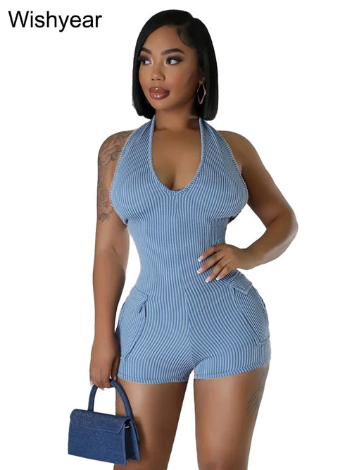 Sexy Night Club Women Knitted Ribbed Bodycon Playsuit Halter Backless