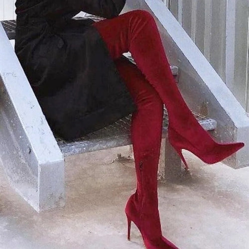 Woman Suede High Heel Boots Solid Color Over The Knee High Boots