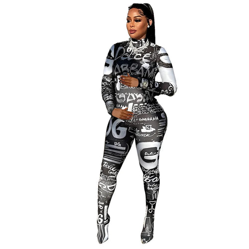 Prowow Fashion Print Women Jumpsuits One-piece Zipper Long Sleeve