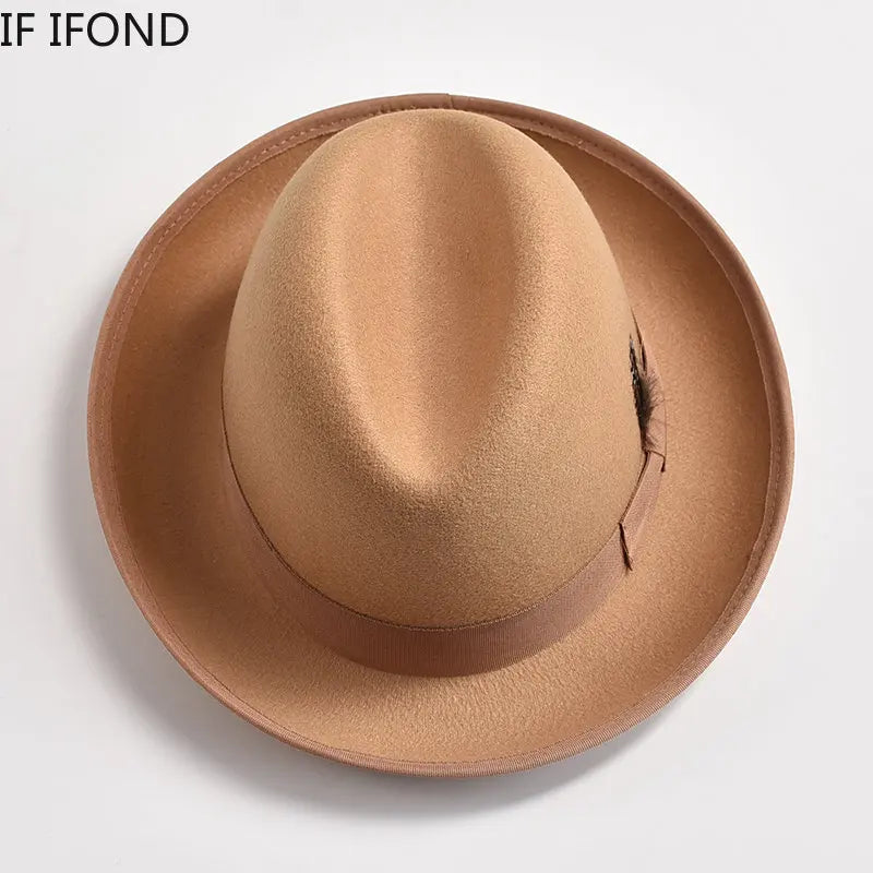 New British Style Wool Felt Fedora Hats for Men Roll Up Brim Homburg