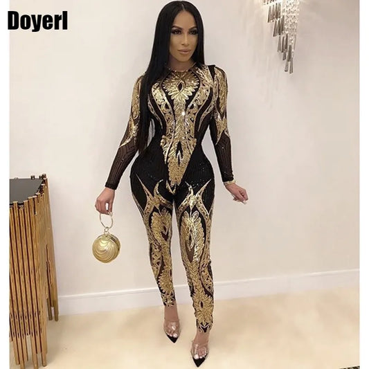 Sexy Gold Sequin Jumpsuit Women Bodycon Overalls Glitter Bandage