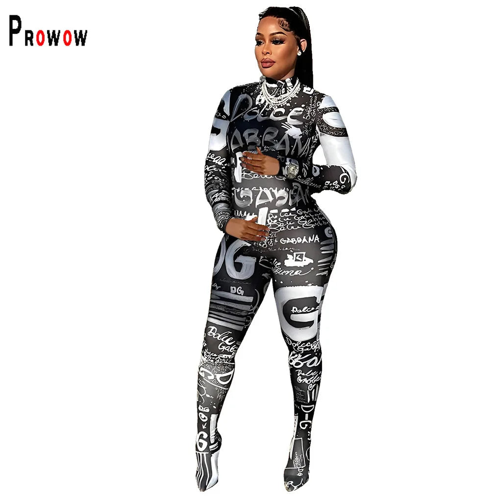 Prowow Fashion Print Women Jumpsuits One-piece Zipper Long Sleeve