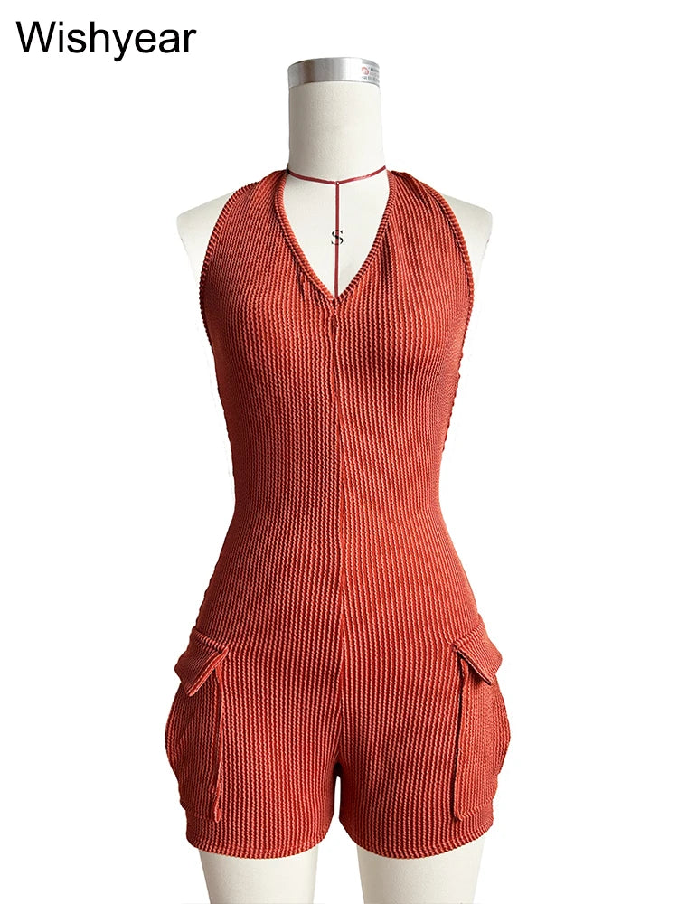 Sexy Night Club Women Knitted Ribbed Bodycon Playsuit Halter Backless