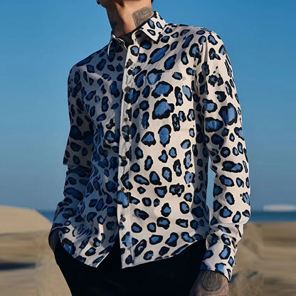 Casual Shirts Men Leopard Print Vintage Button-up Lapel Shirt