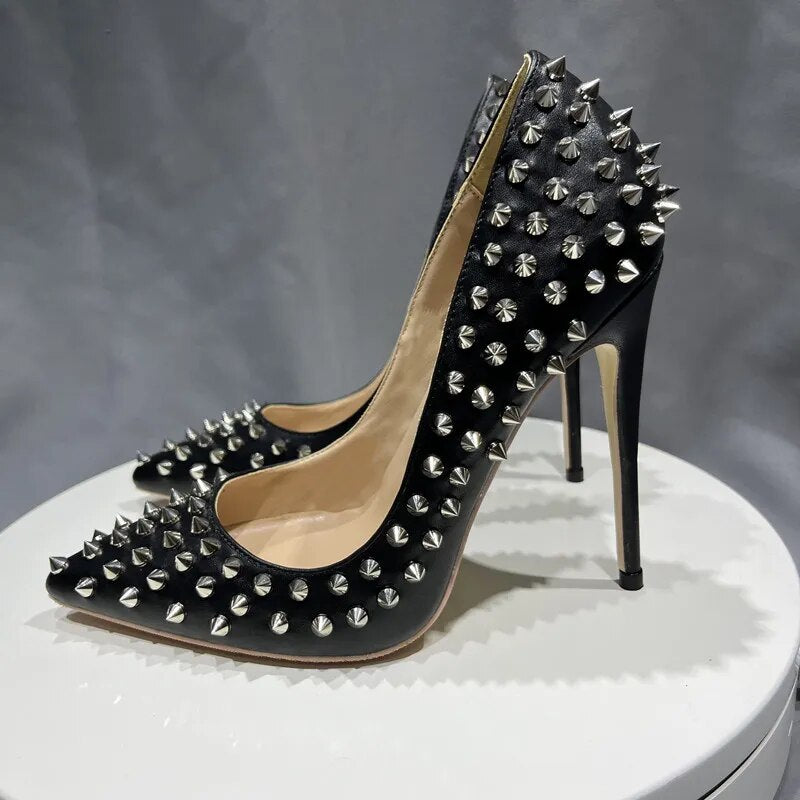 All Spikes Rivets Women Pumps Pointed Toe Super High  Party Heels