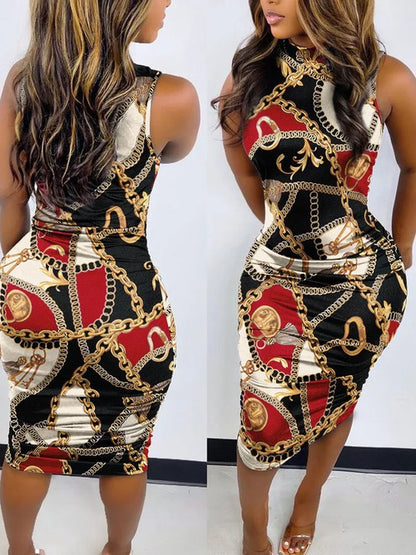 Elegant Women's Round Neck Bodycon Midi Dress Fashion Printed