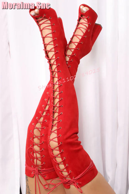 Fashion Peep Toe Lace Up Hollow Thigh High Boots Stiletto High Heel