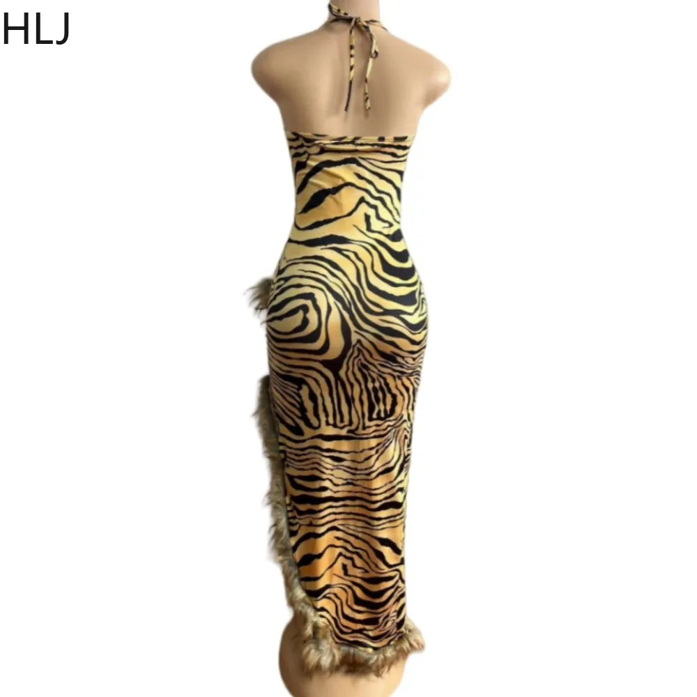 HLJ Sexy High Slit Feather Splicing Leopard Print Suspenders Dress