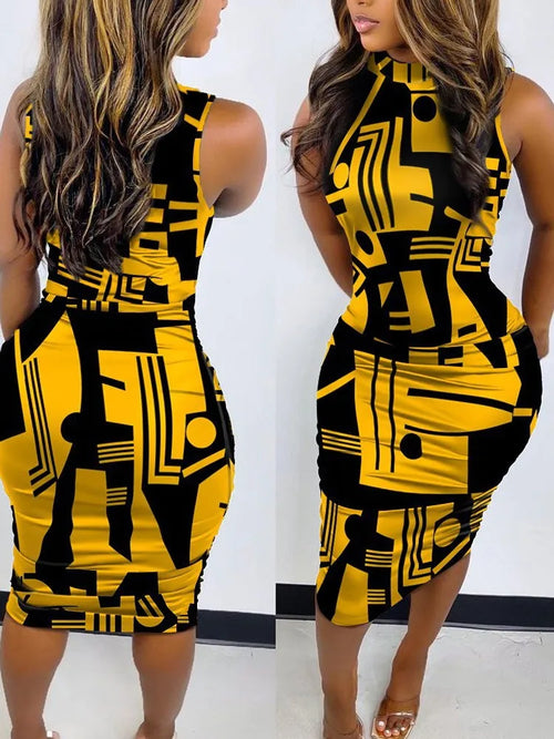 Elegant Women's Round Neck Bodycon Midi Dress Summer Fashion Printed