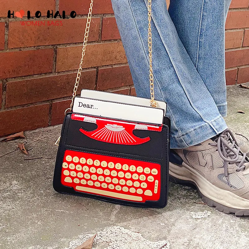 Fun Typewriter Screen Print Shaped Women Handbags and Shoulder Bag