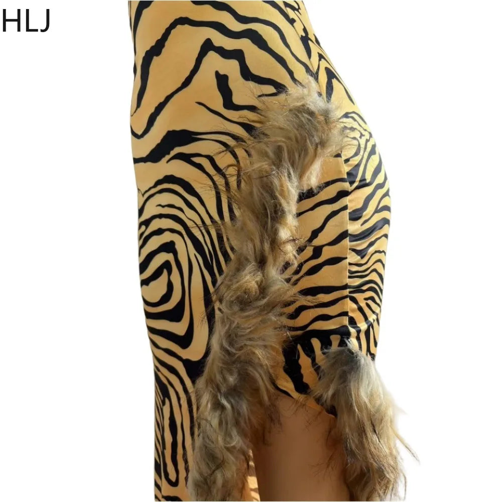 HLJ Sexy High Slit Feather Splicing Leopard Print Suspenders Dress