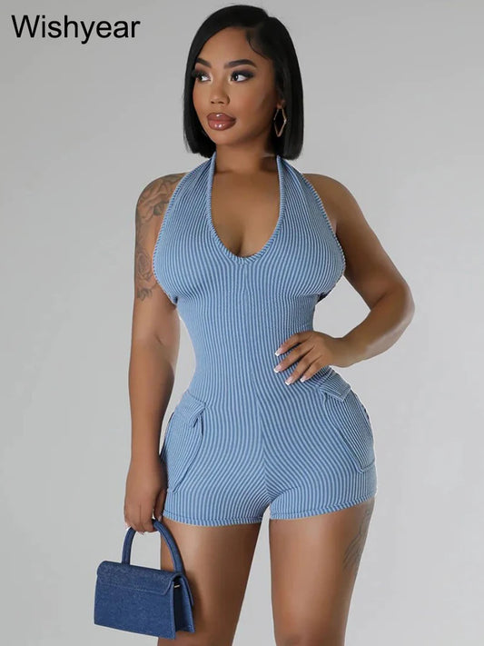Sexy Night Club Women Knitted Ribbed Bodycon Playsuit Halter Backless