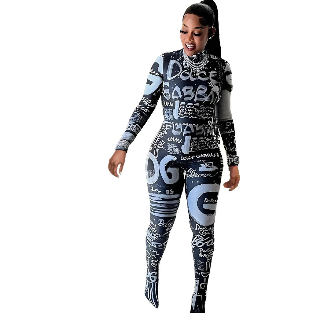 Prowow Fashion Print Women Jumpsuits One-piece Zipper Long Sleeve