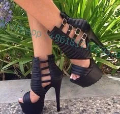 Sexy Platform Stiletto High Heel Ankle Sandals Zip Women Design Hollow