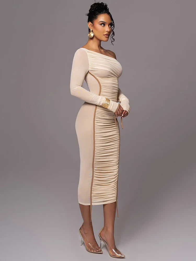 Diagonal Collar Long Sleeve Midi Dress For Women Two Layer Mesh