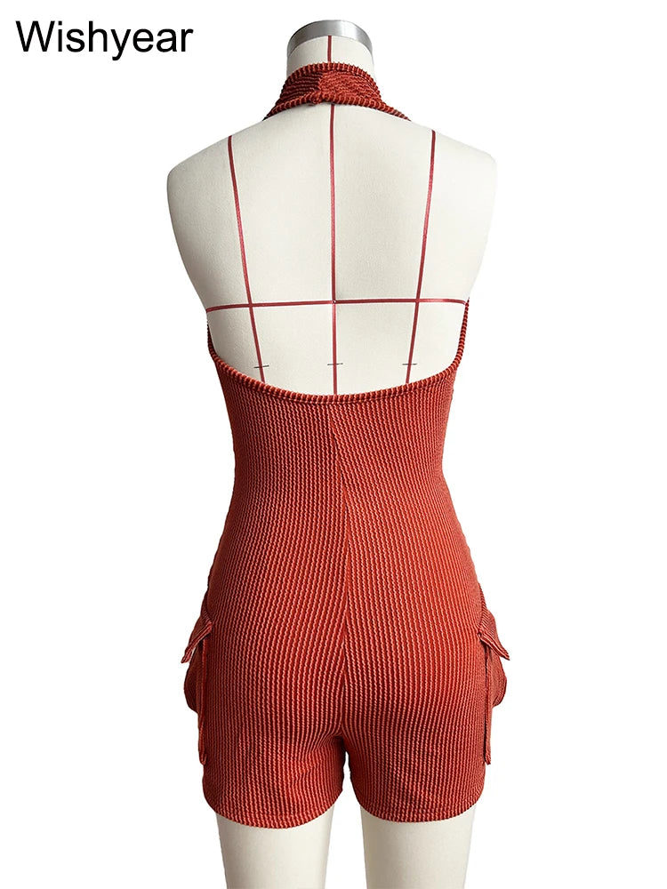 Sexy Night Club Women Knitted Ribbed Bodycon Playsuit Halter Backless