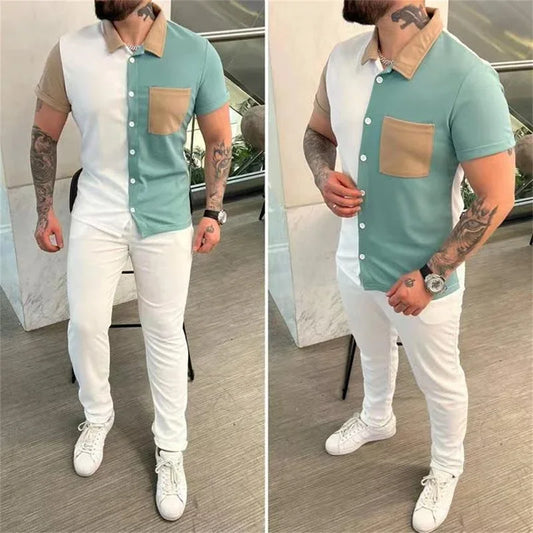 Sports Two Piece Set Mens Outfits Fashion Patchwork Shirt and Pants
