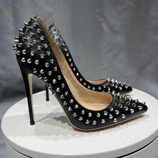 All Spikes Rivets Women Pumps Pointed Toe Super High  Party Heels