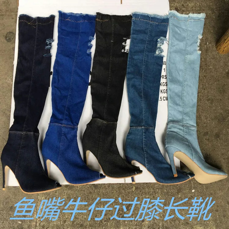 Blue Jean Boots Thigh High Boots Women Denim Peep Toe Knee High Heel