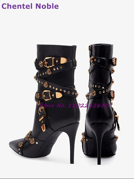 Rivet Ankle Boots Belt Buckle Pointy Toe Thin High Heels Short Boots